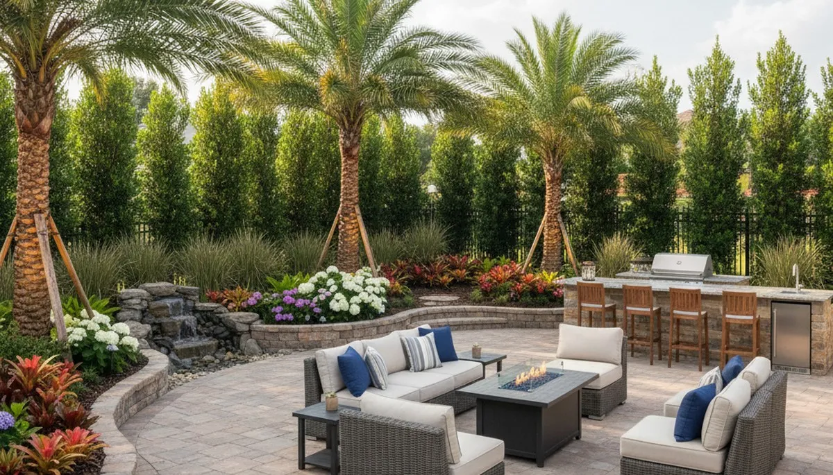 Modern backyard patio with lush landscaping and lighting by Chop Chop Landscaping in Kissimmee, FL