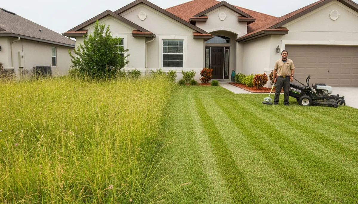 Before and after lawn mowing showing lush, even grass by Chop Chop Landscaping in Kissimmee, FL