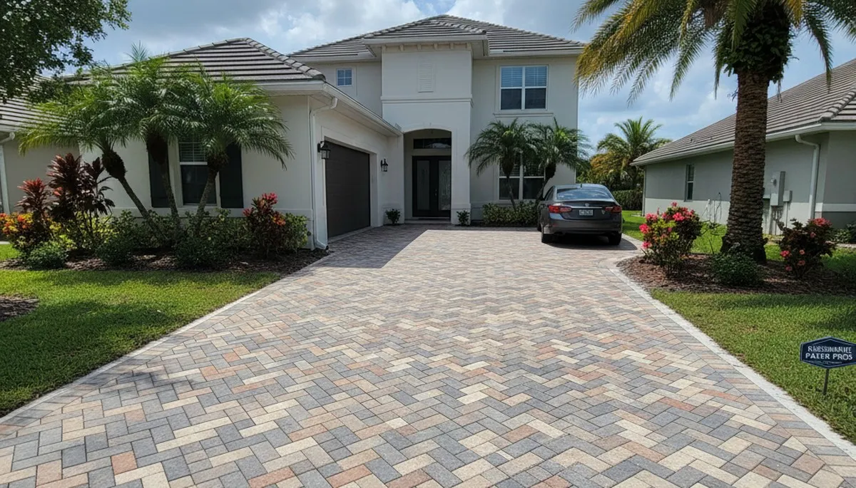 Completed interlocking paver driveway installation by professional landscapers in Kissimmee, FL