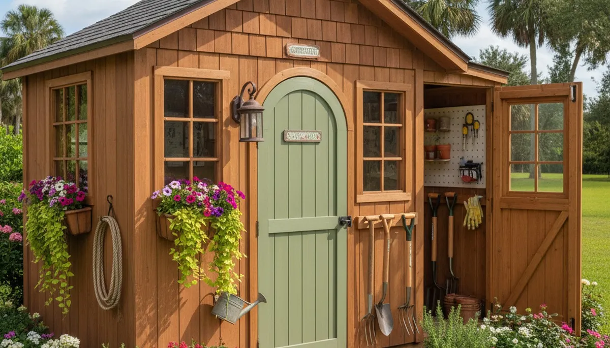 Decorative garden shed with pathway and lush landscape by Chop Chop Landscaping in Kissimmee, FL