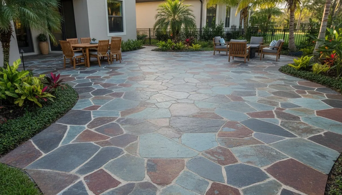 Flagstone patio installation with natural stone pavers by landscaping experts in Kissimmee, FL