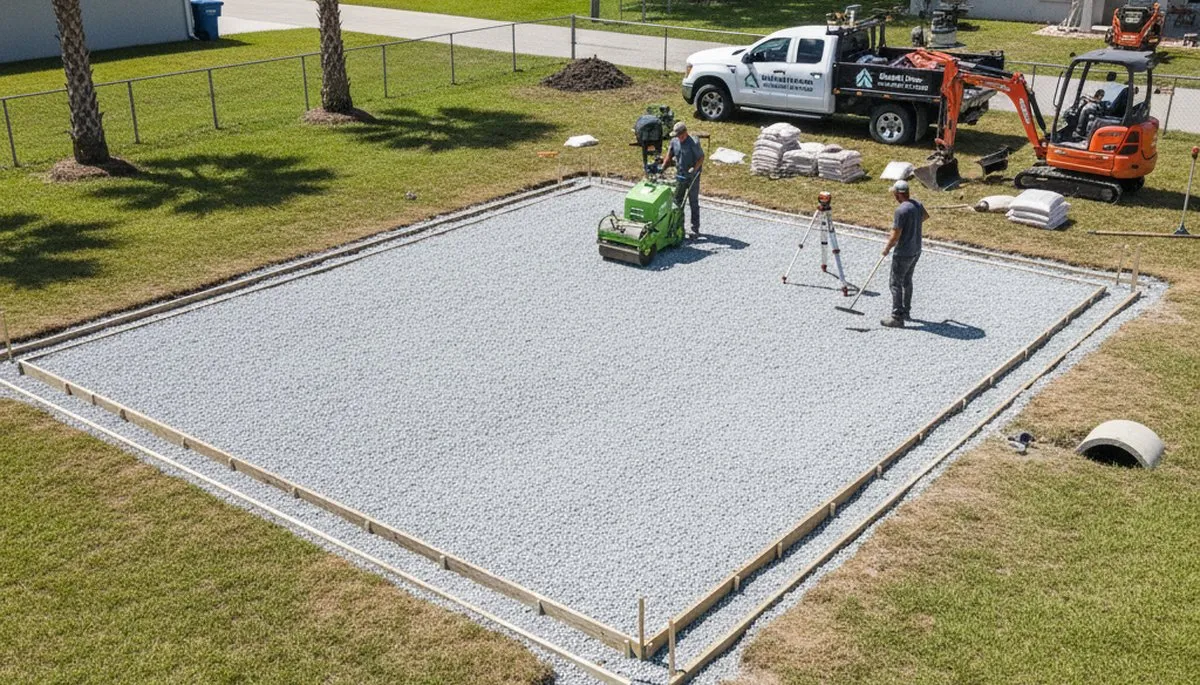 Professional shed foundation preparation with gravel base by landscaping experts in Kissimmee, FL