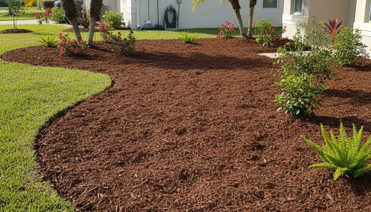 Freshly installed mulch beds with clean edges and even coverage by landscapers in Kissimmee, FL