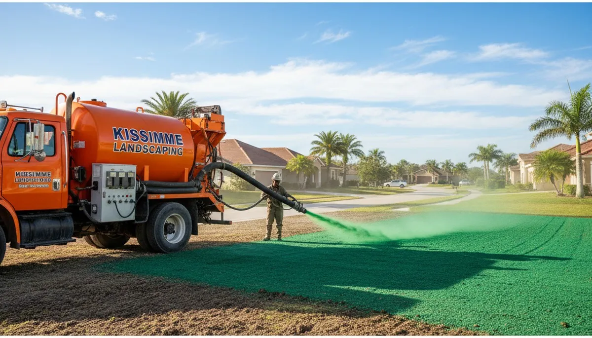 Hydroseeder truck spraying green slurry on new lawn in Kissimmee FL by Chop Chop Landscaping