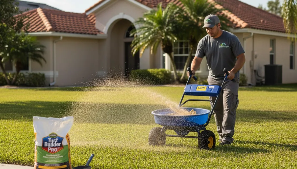 Technician applying lawn fertilizer with spreader in Kissimmee, FL for healthy green turf care