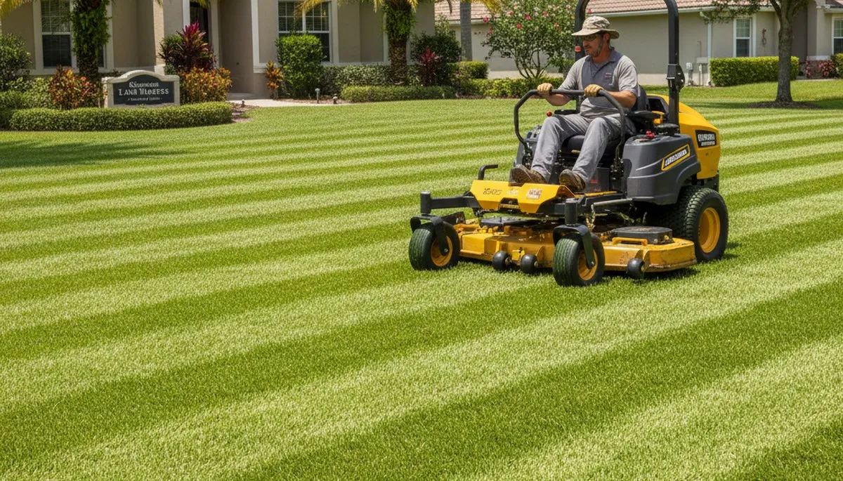 Professional mower creating striped lawn patterns during expert lawn mowing in Kissimmee, FL