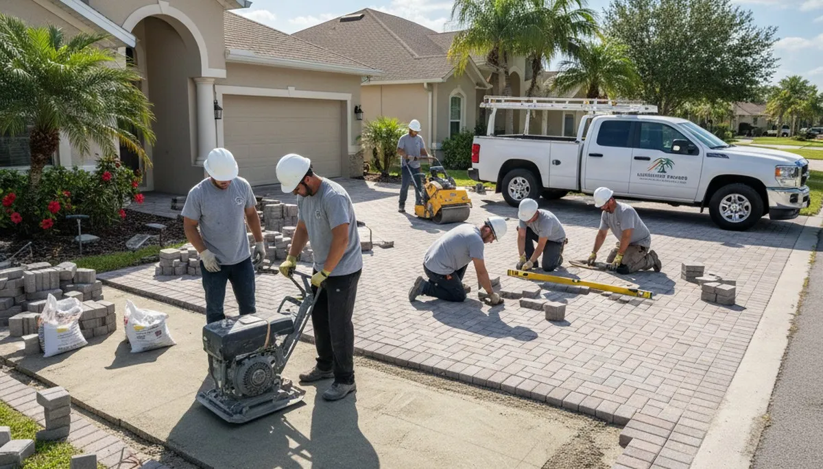 Technicians installing driveway pavers in Kissimmee, FL showing base prep and leveling by Chop Chop Landscaping