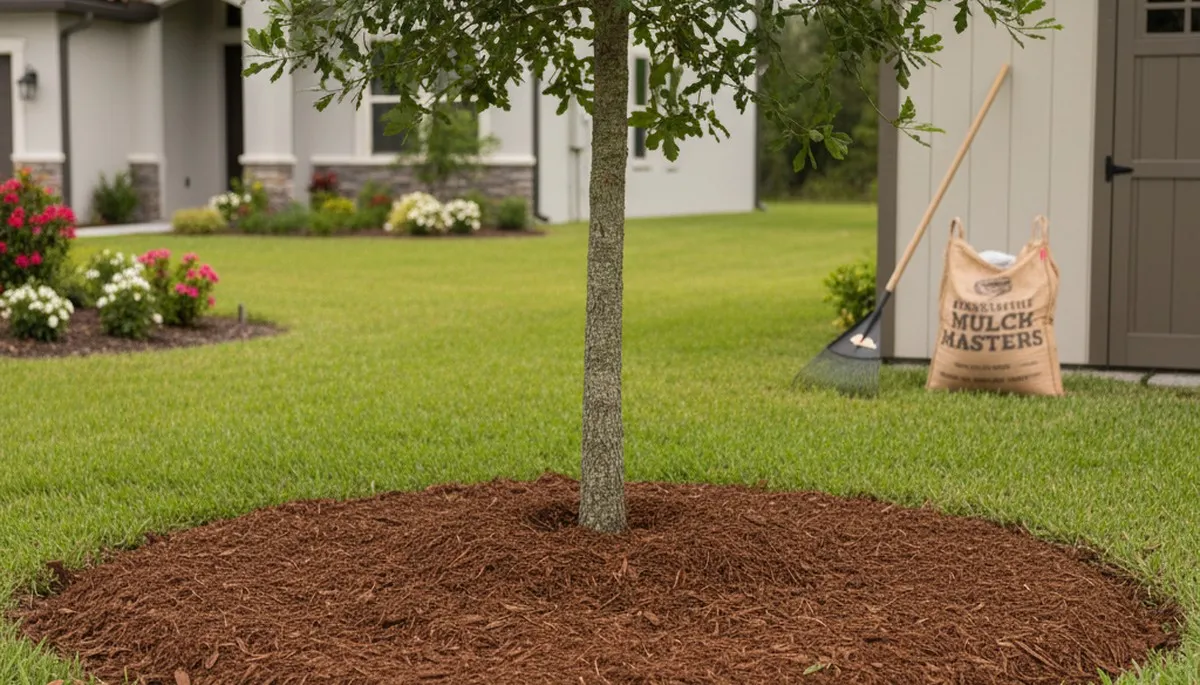 Professional tree ring mulching around tree base in Kissimmee, FL by Chop Chop Landscaping