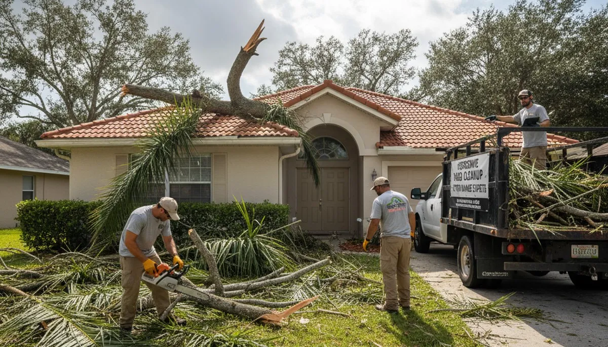 Technicians clearing storm debris during professional yard cleanup in Kissimmee, FL