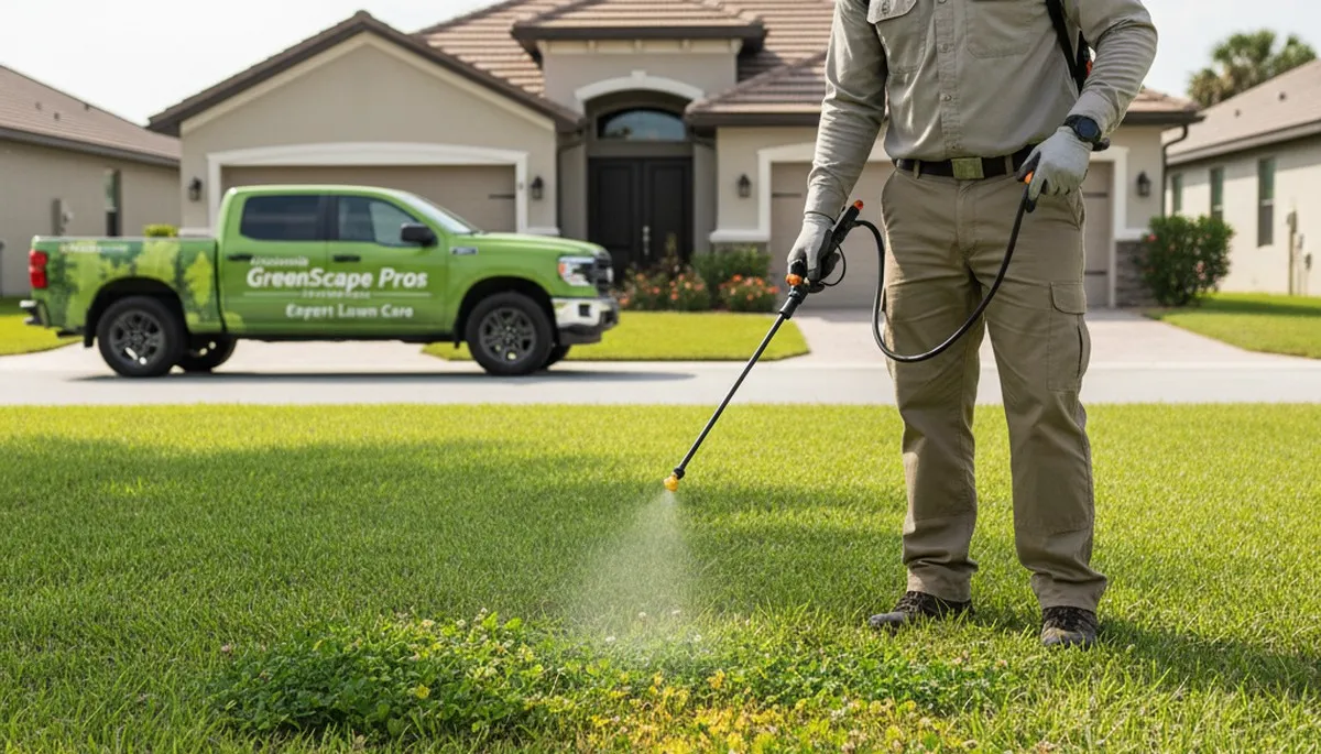 Technician applying targeted weed control for healthy lawn care in Kissimmee, FL